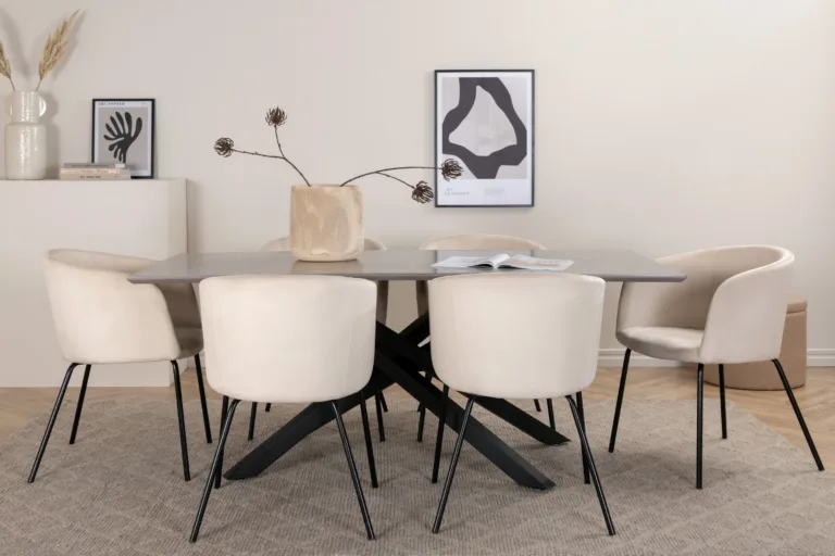 Ristkülikukujuline söögikomplekt Piazza (180x90 cm, tumehall MDF, mustad terasjalad, 6 beeži velvetkattega tooli) - GR22514