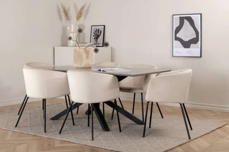 Ristkülikukujuline söögikomplekt Piazza (180x90 cm, tumehall MDF, mustad terasjalad, 6 beeži velvetkattega tooli) - GR22514