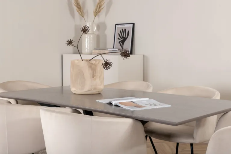 Ristkülikukujuline söögikomplekt Piazza (180x90 cm, tumehall MDF, mustad terasjalad, 6 beeži velvetkattega tooli) - GR22514