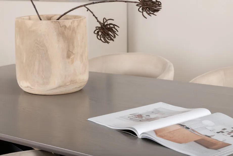 Ristkülikukujuline söögikomplekt Piazza (180×90 cm, tumehall MDF, mustad terasjalad, 6 beeži velvetkattega tooli), GR22514 – 8