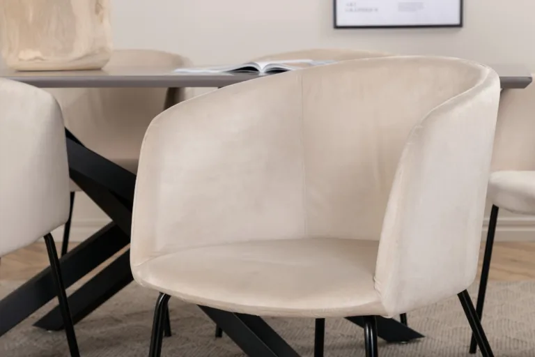 Ristkülikukujuline söögikomplekt Piazza (180x90 cm, tumehall MDF, mustad terasjalad, 6 beeži velvetkattega tooli) - GR22514