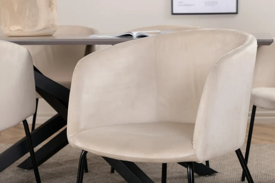 Ristkülikukujuline söögikomplekt Piazza (180×90 cm, tumehall MDF, mustad terasjalad, 6 beeži velvetkattega tooli), GR22514 – 9