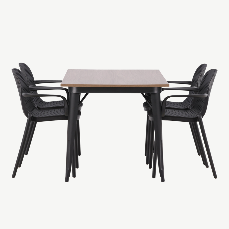 Ristkülikukujuline söögikomplekt Tempe – pähklitooni MDF laud ja mustad plastiktoolid, GR22980 – 2