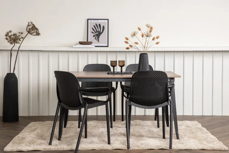 Ristkülikukujuline söögikomplekt Tempe – pähklitooni MDF laud ja mustad plastiktoolid - GR22980
