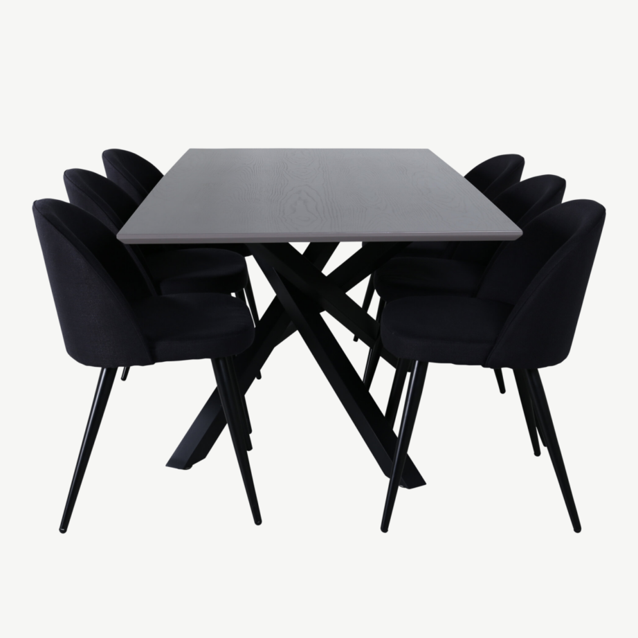 Ristkülikukujuline söögilaua ja mustade velvettoolide komplekt Piazza (hall MDF, 6 tooli), GR22263