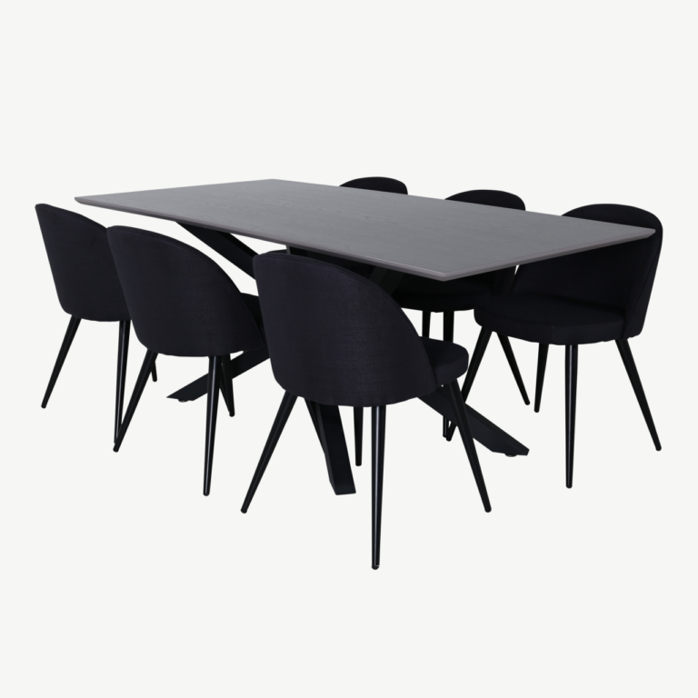 Ristkülikukujuline söögilaua ja mustade velvettoolide komplekt Piazza (hall MDF, 6 tooli) - GR22263