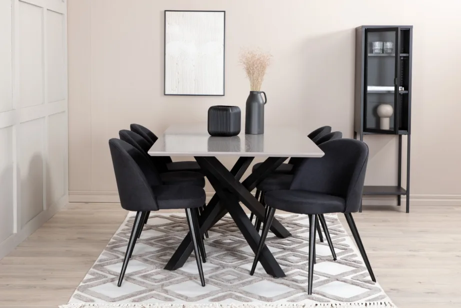 Ristkülikukujuline söögilaua ja mustade velvettoolide komplekt Piazza (hall MDF, 6 tooli), GR22263 – 6