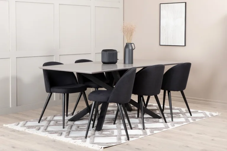 Ristkülikukujuline söögilaua ja mustade velvettoolide komplekt Piazza (hall MDF, 6 tooli) - GR22263