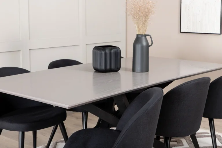 Ristkülikukujuline söögilaua ja mustade velvettoolide komplekt Piazza (hall MDF, 6 tooli) - GR22263