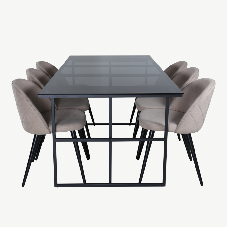 Ristkülikukujuline söögilaua komplekt Leif (suitsuklaas, 6 beeži polsterdatud tooli), GR22139 – 2