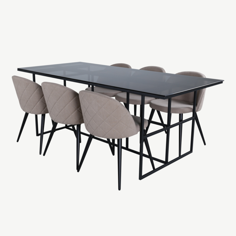 Ristkülikukujuline söögilaua komplekt Leif (suitsuklaas, 6 beeži polsterdatud tooli) - GR22139