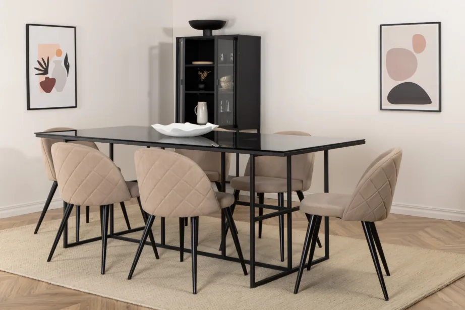 Ristkülikukujuline söögilaua komplekt Leif (suitsuklaas, 6 beeži polsterdatud tooli), GR22139 – 6