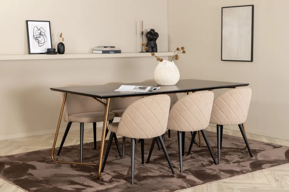 Ristkülikukujuline söögilaua komplekt Petra, must spoon ja 6 beeži kangast tooli, GR22345 – 14