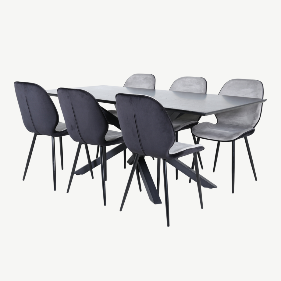 Ristkülikukujuline söögilaua komplekt Piazza, must MDF vineer, 6 sametkattega tooliga, GR22525 – 2