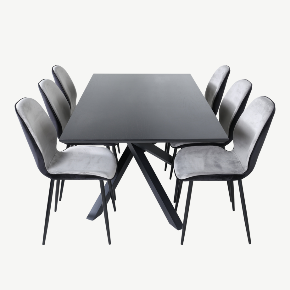 Ristkülikukujuline söögilaua komplekt Piazza, must MDF vineer, 6 sametkattega tooliga, GR22525 – 3