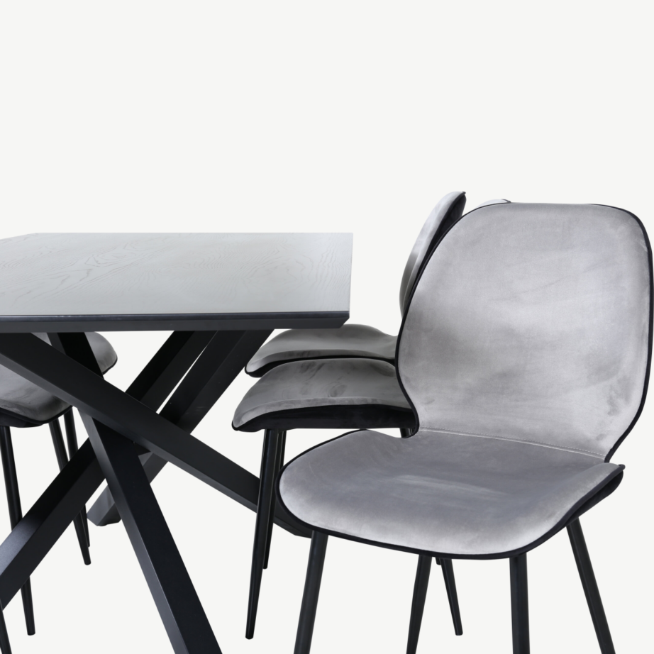 Ristkülikukujuline söögilaua komplekt Piazza, must MDF vineer, 6 sametkattega tooliga, GR22525 – 4