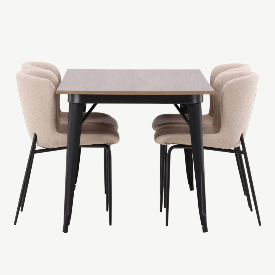 Ristkülikukujuline söögilaua komplekt Tempe (pähkel, must metall, 4 halli buklee tooli), GR22987 – 2