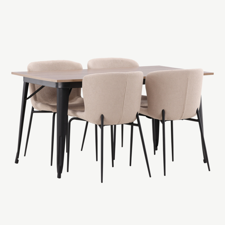 Ristkülikukujuline söögilaua komplekt Tempe (pähkel, must metall, 4 halli buklee tooli), GR22987 – 4