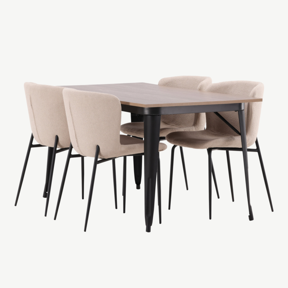 Ristkülikukujuline söögilaua komplekt Tempe (pähkel, must metall, 4 halli buklee tooli), GR22987 – 6