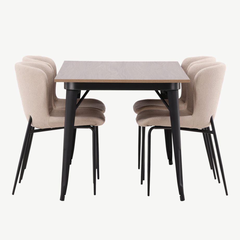 Ristkülikukujuline söögilaua komplekt Tempe (pähkel, must metall, 4 halli buklee tooli), GR22987 – 7