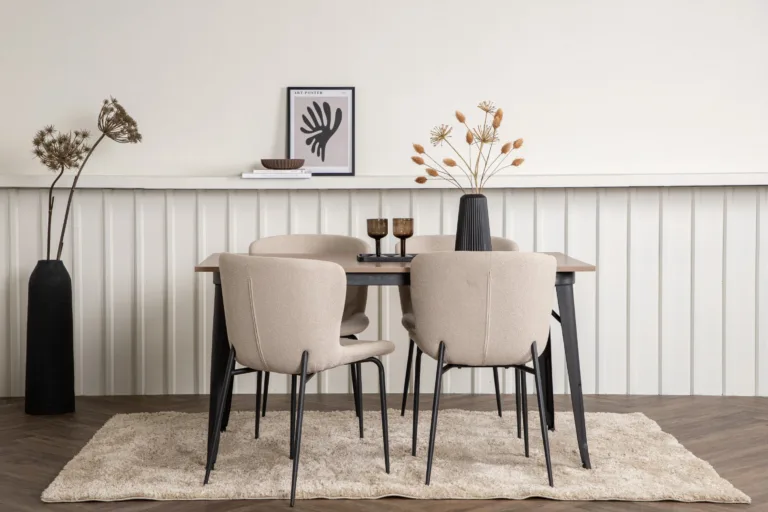 Ristkülikukujuline söögilaua komplekt Tempe (pähkel, must metall, 4 halli buklee tooli) - GR22987