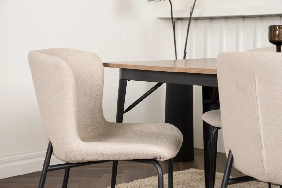 Ristkülikukujuline söögilaua komplekt Tempe (pähkel, must metall, 4 halli buklee tooli), GR22987 – 9