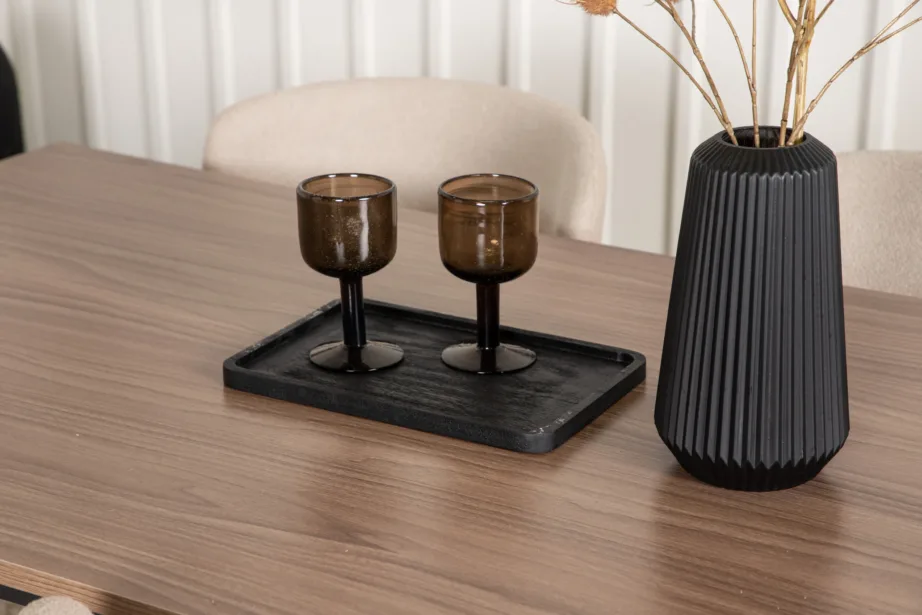 Ristkülikukujuline söögilaua komplekt Tempe (pähkel, must metall, 4 halli buklee tooli), GR22987 – 10