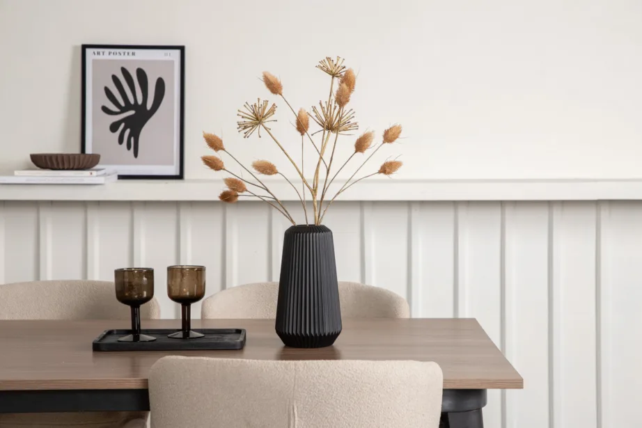 Ristkülikukujuline söögilaua komplekt Tempe (pähkel, must metall, 4 halli buklee tooli), GR22987 – 11