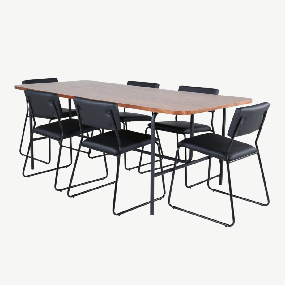 Uno ristkülikukujuline söögilaua komplekt, pähklispoon ja mustad polüestertoolid (6 tk), GR22146 – 28