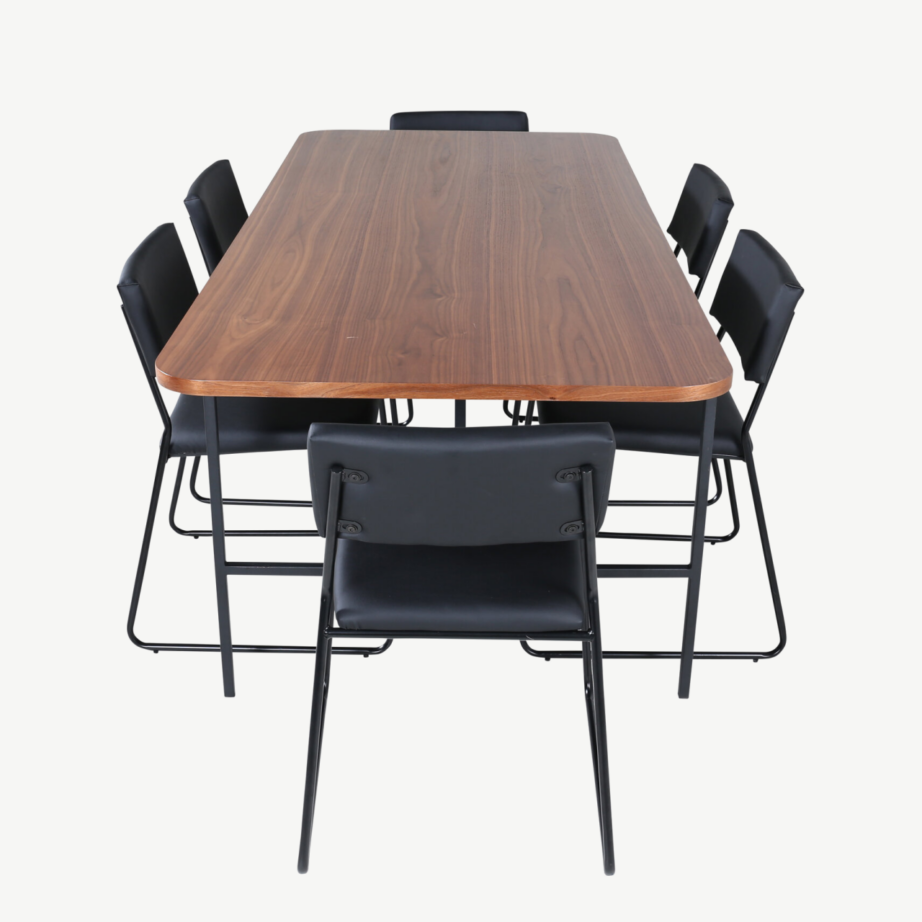 Ristkülikukujuline söögilaua komplekt Uno (pähklispoon, must metall, 6 tooli), GR22396 – 18