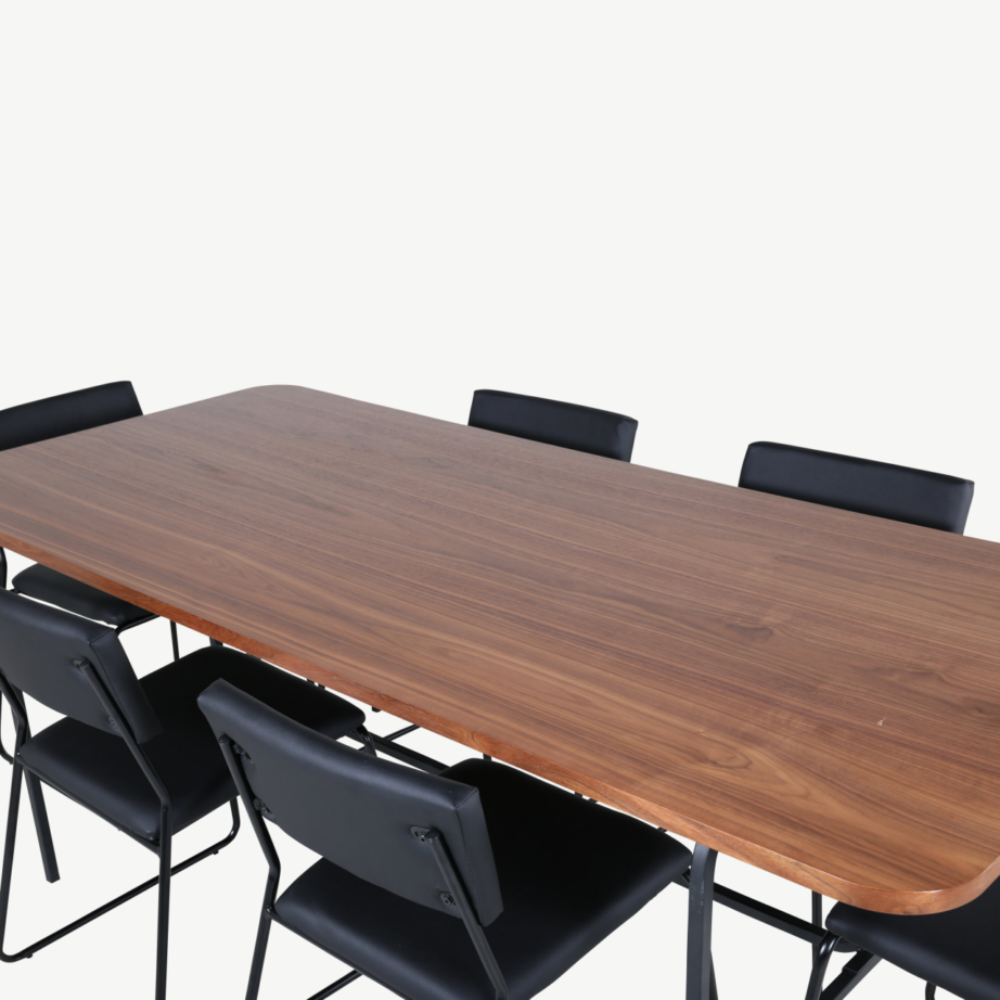 Uno ristkülikukujuline söögilaua komplekt, pähklispoon ja mustad polüestertoolid (6 tk), GR22146 – 29