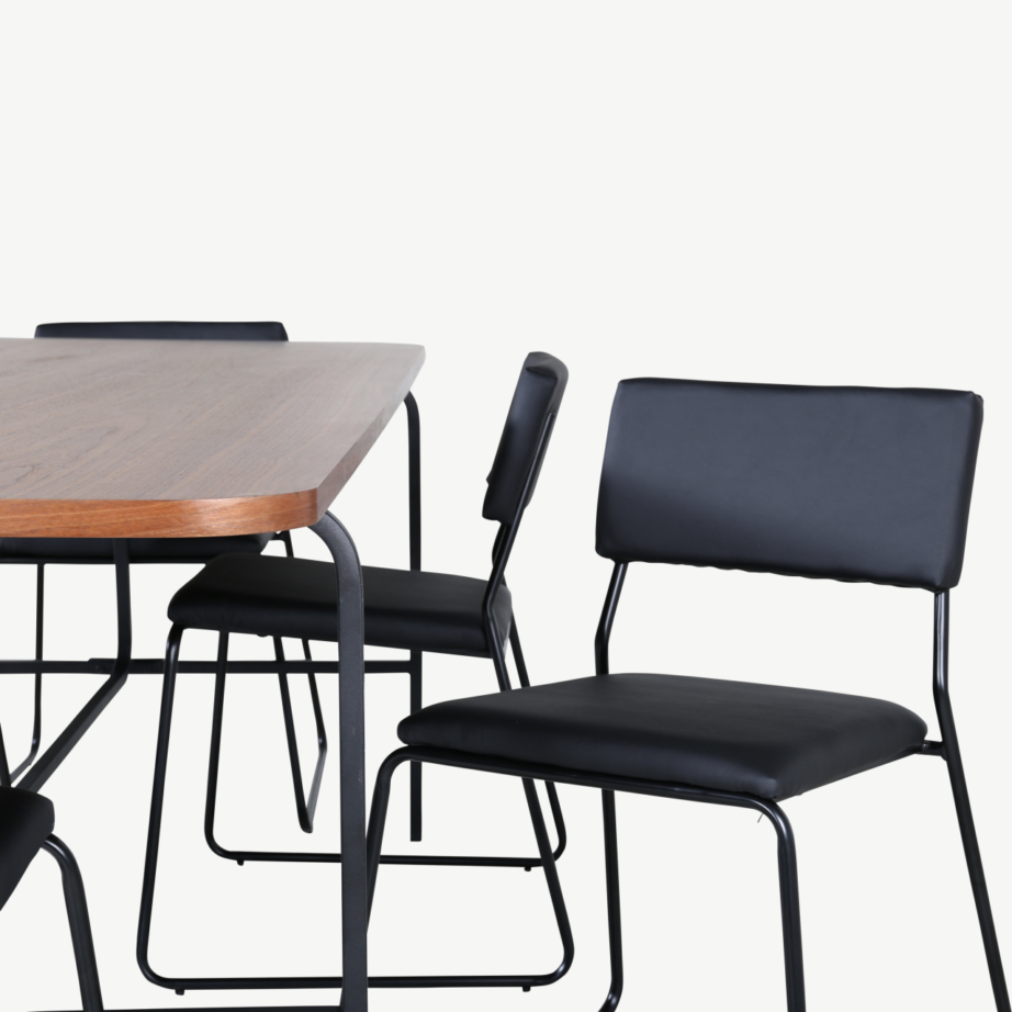 Uno ristkülikukujuline söögilaua komplekt, pähklispoon ja mustad polüestertoolid (6 tk), GR22146 – 30