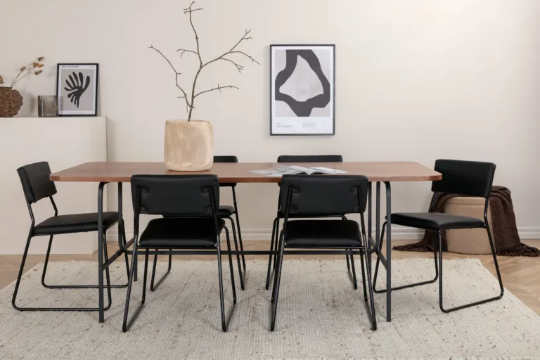 Ristkülikukujuline söögilaua komplekt Uno (pähklispoon, must metall, 6 tooli) - GR22396