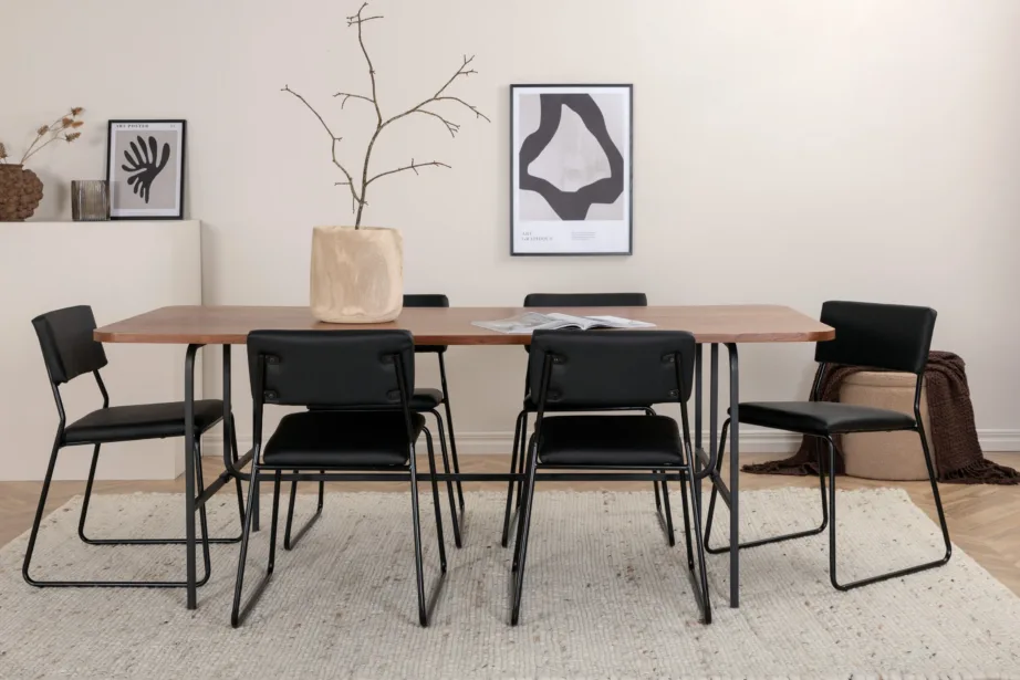 Uno ristkülikukujuline söögilaua komplekt, pähklispoon ja mustad polüestertoolid (6 tk), GR22146 – 31