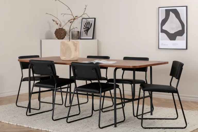 Ristkülikukujuline söögilaua komplekt Uno (pähklispoon, must metall, 6 tooli) - GR22396
