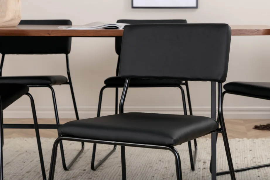 Uno ristkülikukujuline söögilaua komplekt, pähklispoon ja mustad polüestertoolid (6 tk), GR22146 – 34