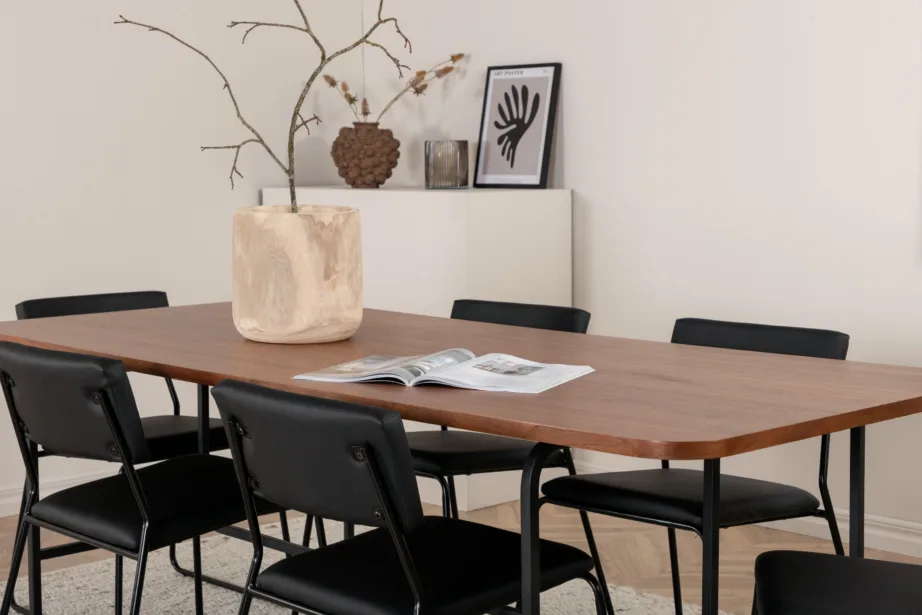 Uno ristkülikukujuline söögilaua komplekt, pähklispoon ja mustad polüestertoolid (6 tk), GR22146 – 35