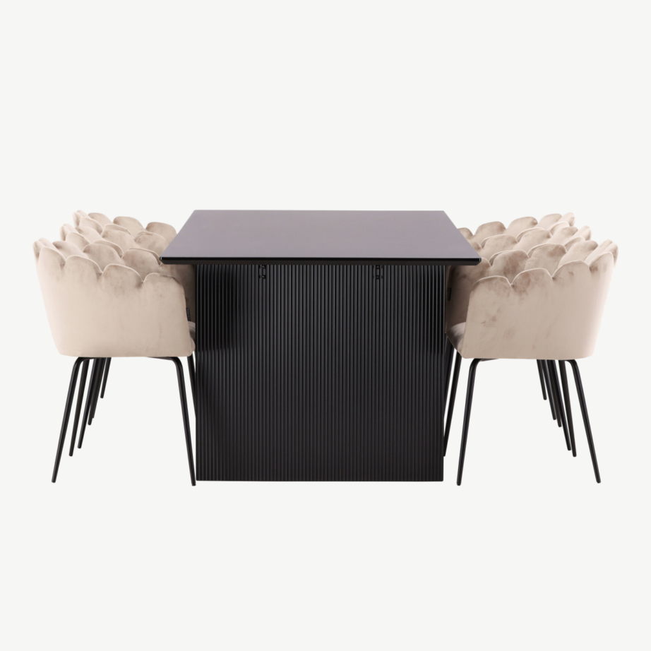 Ristkülikukujuline söögilaua komplekt Vail must MDF laud ja 6 beeži velvetkattega Limhamn tooli, GR22969 – 2