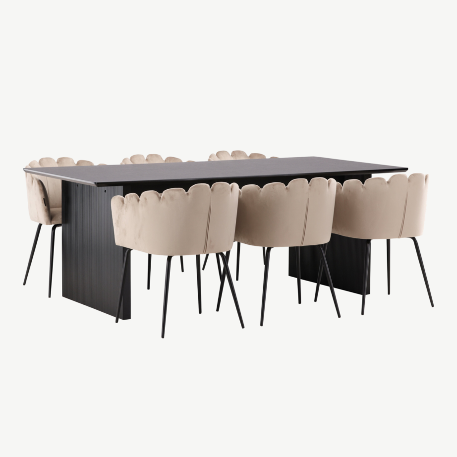 Ristkülikukujuline söögilaua komplekt Vail must MDF laud ja 6 beeži velvetkattega Limhamn tooli, GR22969 – 4