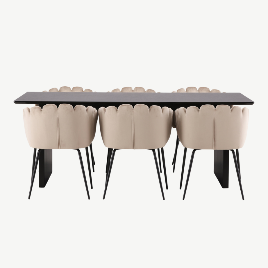 Ristkülikukujuline söögilaua komplekt Vail must MDF laud ja 6 beeži velvetkattega Limhamn tooli, GR22969 – 5