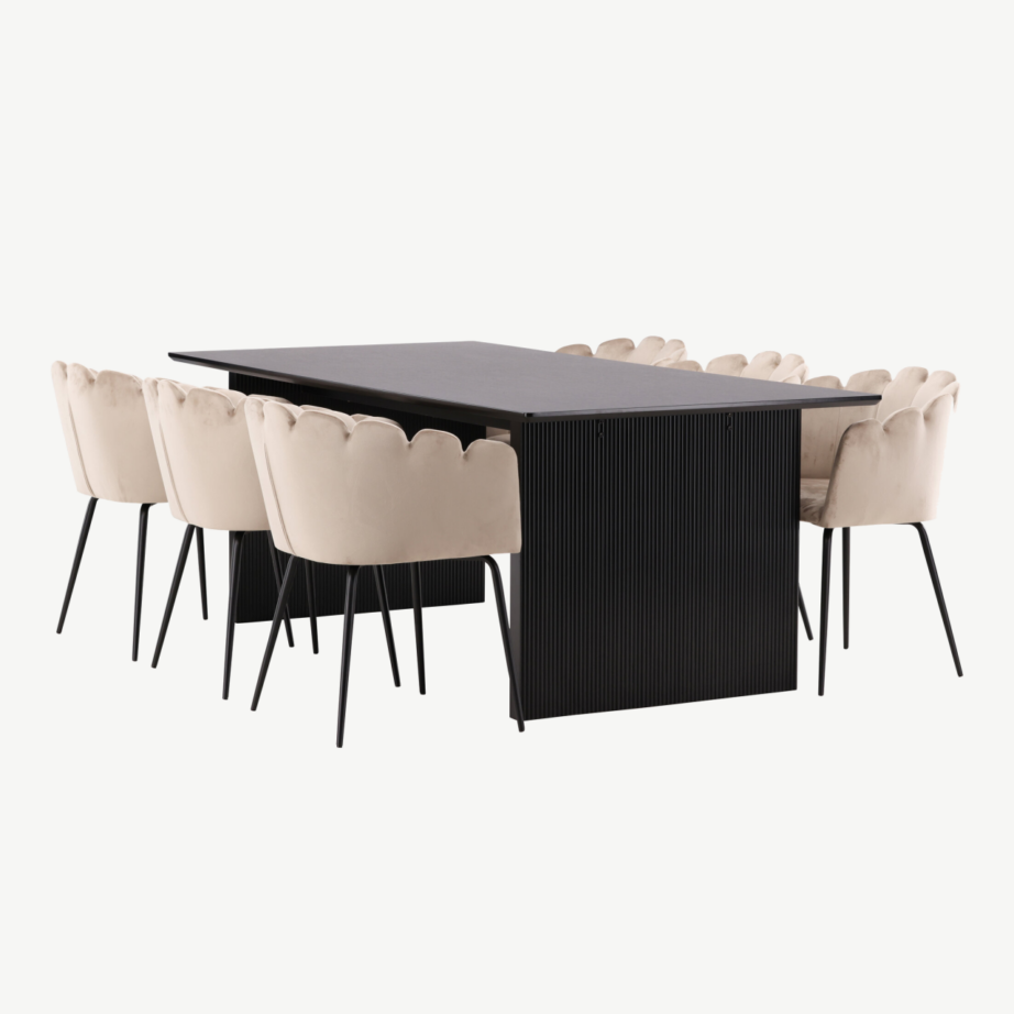 Ristkülikukujuline söögilaua komplekt Vail must MDF laud ja 6 beeži velvetkattega Limhamn tooli, GR22969 – 6