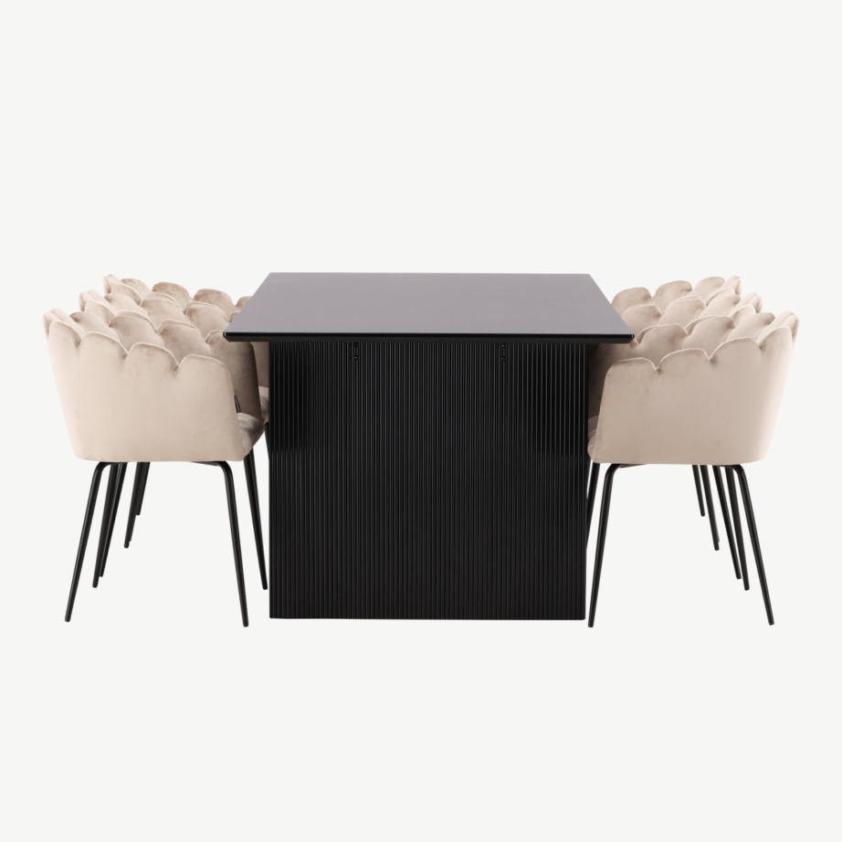 Ristkülikukujuline söögilaua komplekt Vail must MDF laud ja 6 beeži velvetkattega Limhamn tooli, GR22969 – 7