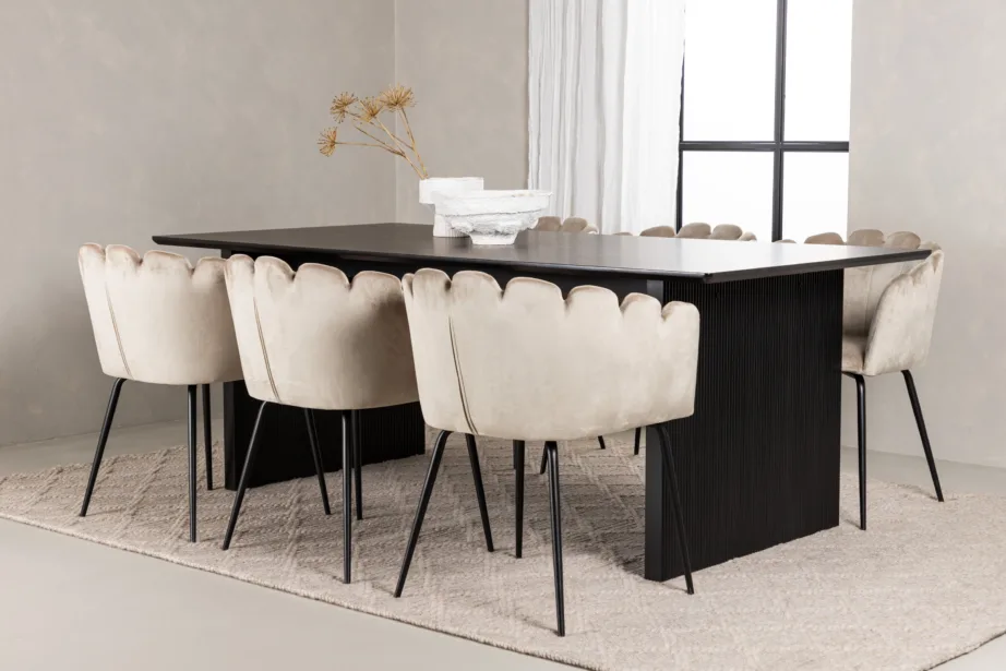 Ristkülikukujuline söögilaua komplekt Vail must MDF laud ja 6 beeži velvetkattega Limhamn tooli, GR22969 – 8
