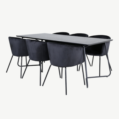 Ristkülikukujuline söögilauakomplekt Petra (must MDF, 6 velvetkattega tooli) - GR22331