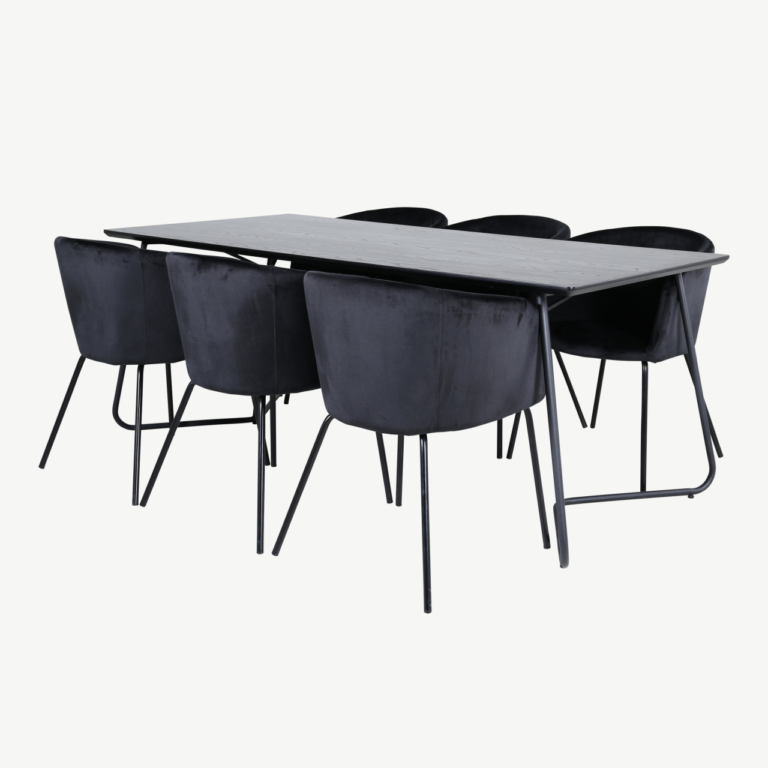Ristkülikukujuline söögilauakomplekt Petra (must MDF, 6 velvetkattega tooli) - GR22331
