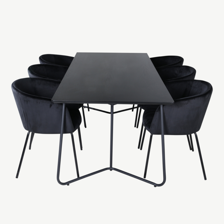 Ristkülikukujuline söögilauakomplekt Petra (must MDF, 6 velvetkattega tooli) - GR22331