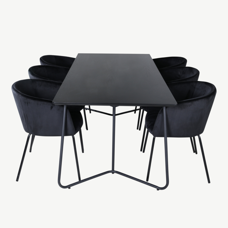 Ristkülikukujuline söögilauakomplekt Petra (must MDF, 6 velvetkattega tooli), GR22331 – 2