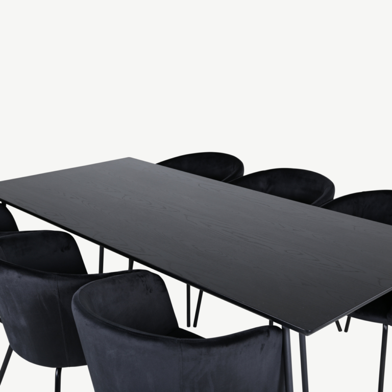 Ristkülikukujuline söögilauakomplekt Petra (must MDF, 6 velvetkattega tooli) - GR22331