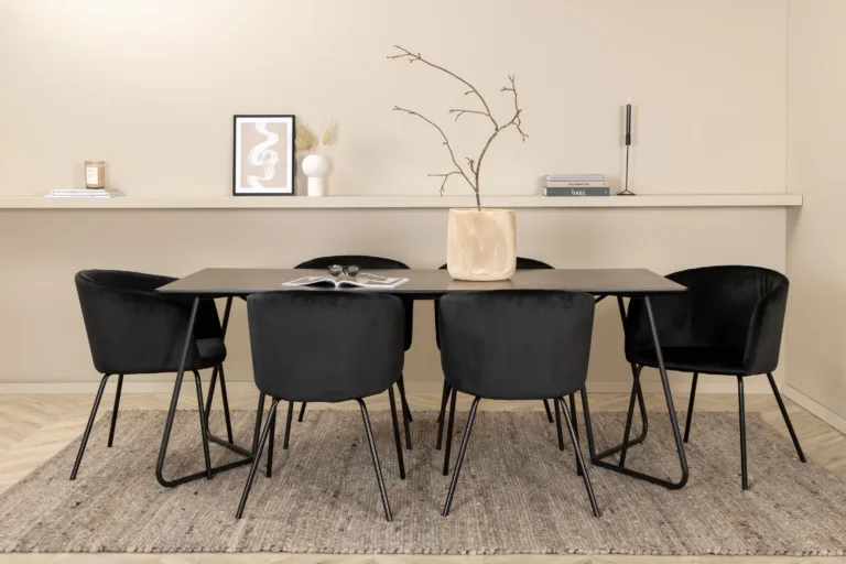 Ristkülikukujuline söögilauakomplekt Petra (must MDF, 6 velvetkattega tooli) - GR22331