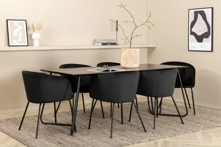 Ristkülikukujuline söögilauakomplekt Petra (must MDF, 6 velvetkattega tooli) - GR22331